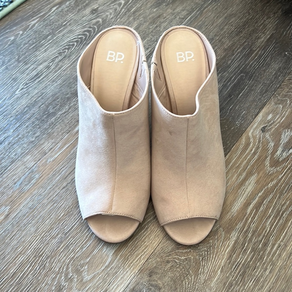 Faux Suede Blush Mules, Size 8